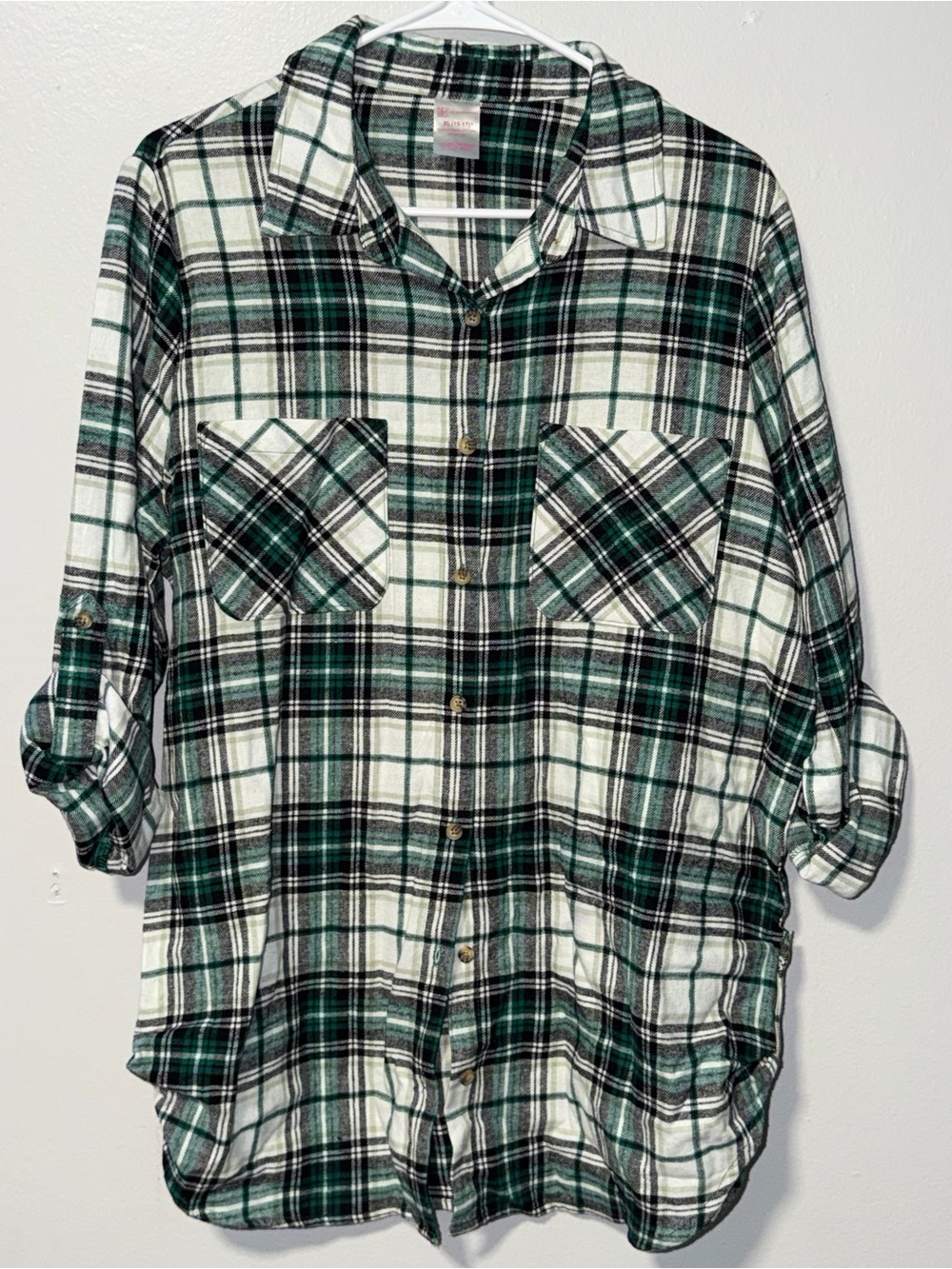 No Boundaries Green Black and White Plaid Button-Up Shirt
